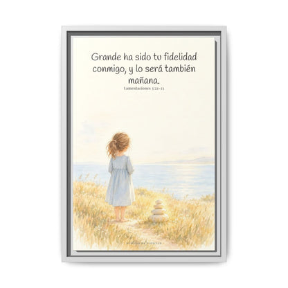 Grande ha sido tu fidelidad, Señor — Lienzo Cristiano Enmarcado | Lamentaciones 3:22-23 — 12×18 pulgadas, marco blanco, vista frontal