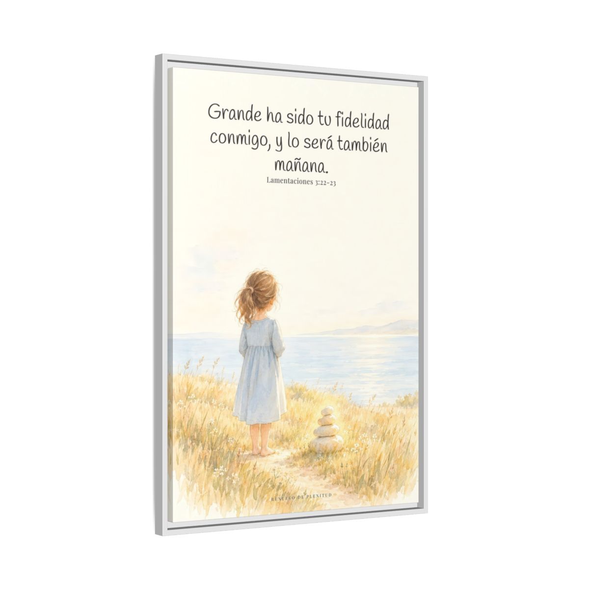 Grande ha sido tu fidelidad, Señor — Lienzo Cristiano Enmarcado | Lamentaciones 3:22-23 — 24×36 pulgadas, marco blanco, vista lateral del marco flotante