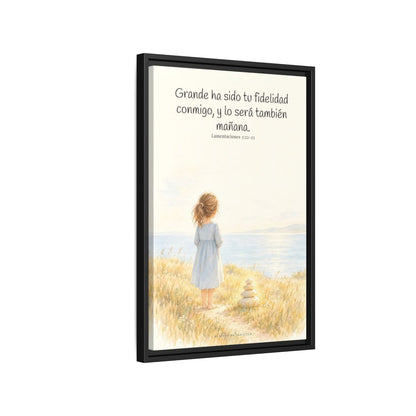 Grande ha sido tu fidelidad, Señor — Lienzo Cristiano Enmarcado | Lamentaciones 3:22-23 — 16×24 pulgadas, marco negro, vista lateral del marco flotante