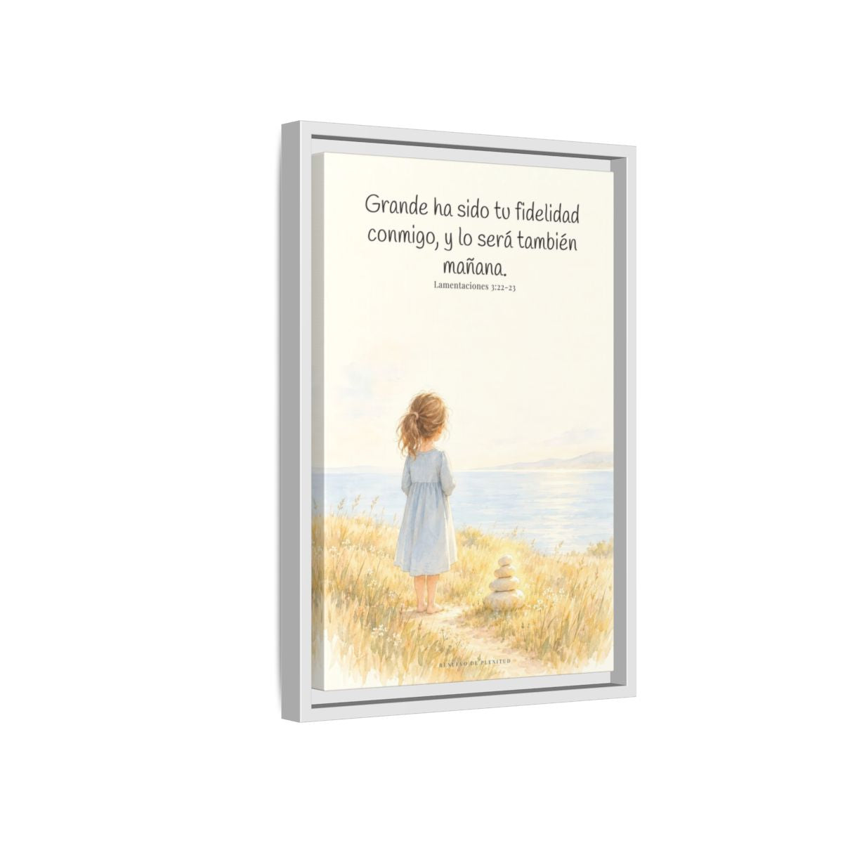 Grande ha sido tu fidelidad, Señor — Lienzo Cristiano Enmarcado | Lamentaciones 3:22-23 — 12×18 pulgadas, marco blanco, vista lateral del marco flotante