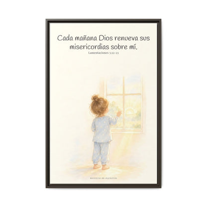 Grandes son sus misericordias cada mañana — Lienzo Cristiano Enmarcado | Lamentaciones 3:22-23 — 24×36 pulgadas, marco espresso, vista frontal