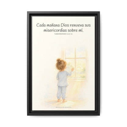 Grandes son sus misericordias cada mañana — Lienzo Cristiano Enmarcado | Lamentaciones 3:22-23 — 12×18 pulgadas, marco negro, vista frontal