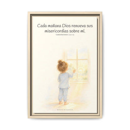 Grandes son sus misericordias cada mañana — Lienzo Cristiano Enmarcado | Lamentaciones 3:22-23 — 12×18 pulgadas, marco natural, vista frontal