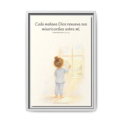 Grandes son sus misericordias cada mañana — Lienzo Cristiano Enmarcado | Lamentaciones 3:22-23 — 12×18 pulgadas, marco blanco, vista frontal