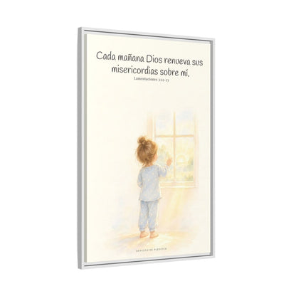 Grandes son sus misericordias cada mañana — Lienzo Cristiano Enmarcado | Lamentaciones 3:22-23 — 24×36 pulgadas, marco blanco, vista lateral del marco flotante