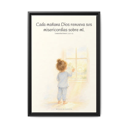 Grandes son sus misericordias cada mañana — Lienzo Cristiano Enmarcado | Lamentaciones 3:22-23 — 16×24 pulgadas, marco negro, vista frontal
