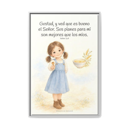 Gustad, y ved que es bueno Jehová — Lienzo Cristiano Enmarcado | Salmo 34:8 — 24×36 pulgadas, marco blanco, vista frontal