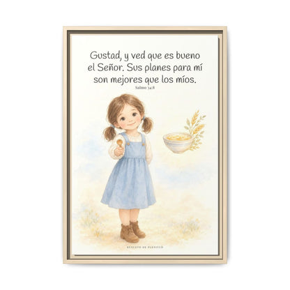 Gustad, y ved que es bueno Jehová — Lienzo Cristiano Enmarcado | Salmo 34:8 — 16×24 pulgadas, marco natural, vista frontal