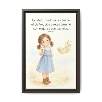 Gustad, y ved que es bueno Jehová — Lienzo Cristiano Enmarcado | Salmo 34:8 — 12×18 pulgadas, marco espresso, vista frontal