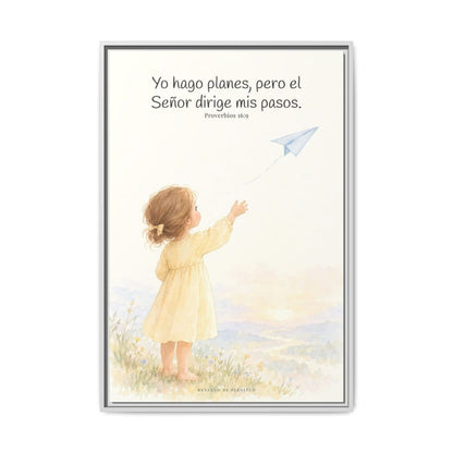 Jehová dirige mis pasos — Lienzo Cristiano Enmarcado | Proverbios 16:9 — 24×36 pulgadas, marco blanco, vista frontal