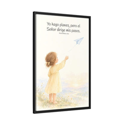 Jehová dirige mis pasos — Lienzo Cristiano Enmarcado | Proverbios 16:9 — 24×36 pulgadas, marco negro, vista lateral del marco flotante