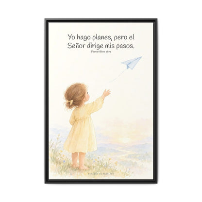 Jehová dirige mis pasos — Lienzo Cristiano Enmarcado | Proverbios 16:9 — 24×36 pulgadas, marco negro, vista frontal
