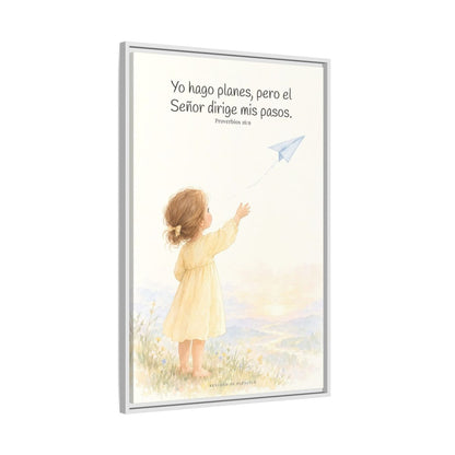 Jehová dirige mis pasos — Lienzo Cristiano Enmarcado | Proverbios 16:9 — 24×36 pulgadas, marco blanco, vista lateral del marco flotante