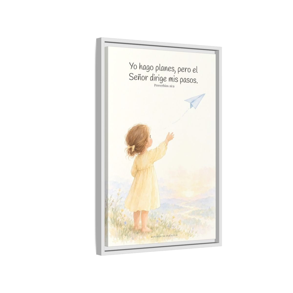 Jehová dirige mis pasos — Lienzo Cristiano Enmarcado | Proverbios 16:9 — 16×24 pulgadas, marco blanco, vista lateral del marco flotante