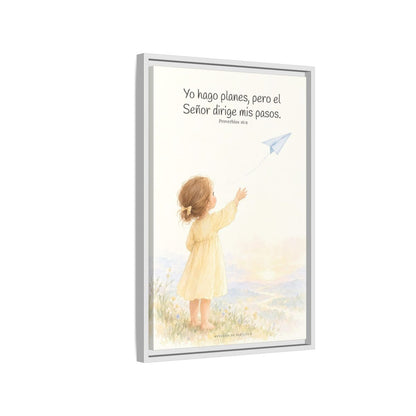 Jehová dirige mis pasos — Lienzo Cristiano Enmarcado | Proverbios 16:9 — 16×24 pulgadas, marco blanco, vista lateral del marco flotante