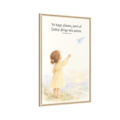 Jehová dirige mis pasos — Lienzo Cristiano Enmarcado | Proverbios 16:9 — 24×36 pulgadas, marco natural, vista lateral del marco flotante