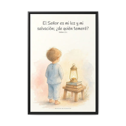 Jehová es mi luz y mi salvación — Lienzo Cristiano Enmarcado | Salmo 27:1 — 24×36 pulgadas, marco negro, vista frontal