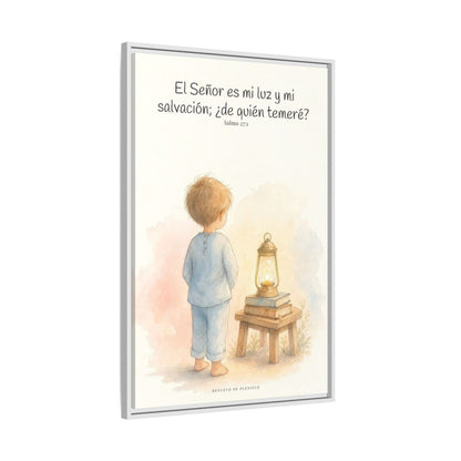 Jehová es mi luz y mi salvación — Lienzo Cristiano Enmarcado | Salmo 27:1 — 24×36 pulgadas, marco blanco, vista lateral del marco flotante