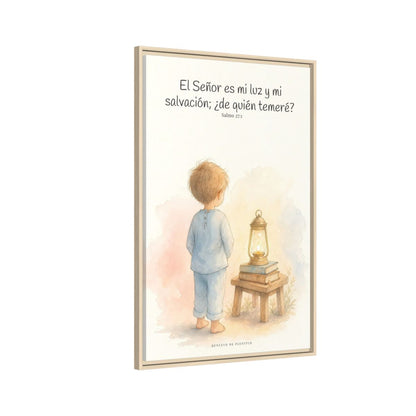 Jehová es mi luz y mi salvación — Lienzo Cristiano Enmarcado | Salmo 27:1 — 24×36 pulgadas, marco natural, vista lateral del marco flotante