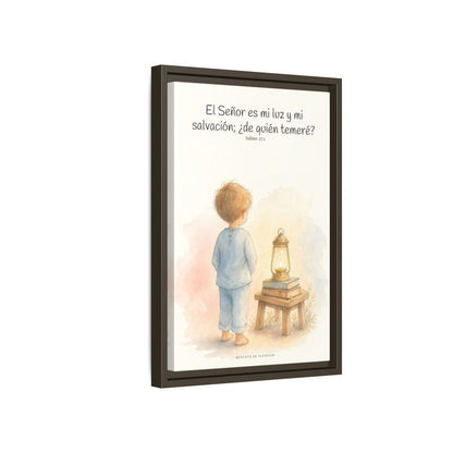Jehová es mi luz y mi salvación — Lienzo Cristiano Enmarcado | Salmo 27:1 — 12×18 pulgadas, marco espresso, vista lateral del marco flotante