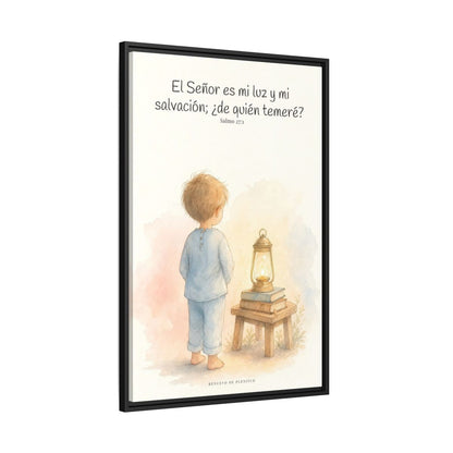 Jehová es mi luz y mi salvación — Lienzo Cristiano Enmarcado | Salmo 27:1 — 24×36 pulgadas, marco negro, vista lateral del marco flotante