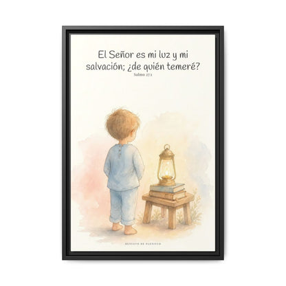 Jehová es mi luz y mi salvación — Lienzo Cristiano Enmarcado | Salmo 27:1 — 16×24 pulgadas, marco negro, vista frontal