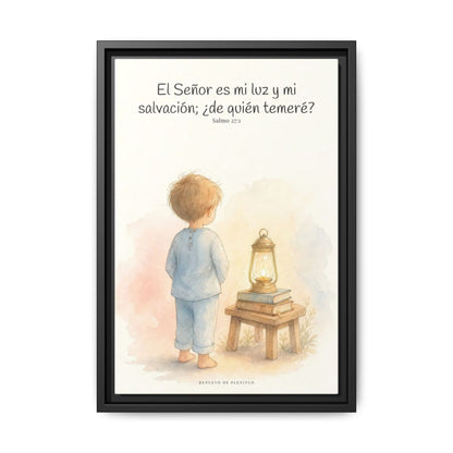 Jehová es mi luz y mi salvación — Lienzo Cristiano Enmarcado | Salmo 27:1 — 12×18 pulgadas, marco negro, vista frontal