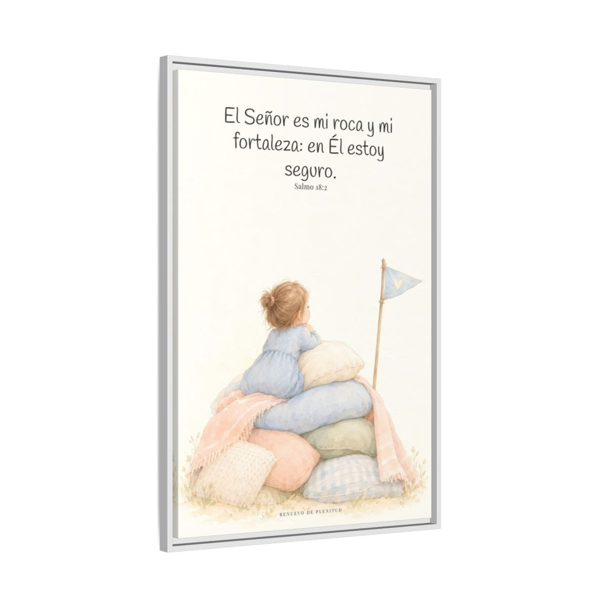 Jehová es mi roca y mi fortaleza — Lienzo Cristiano Enmarcado | Salmo 18:2 — 24×36 pulgadas, marco blanco, vista lateral del marco flotante