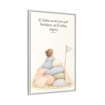 Jehová es mi roca y mi fortaleza — Lienzo Cristiano Enmarcado | Salmo 18:2 — 24×36 pulgadas, marco blanco, vista lateral del marco flotante