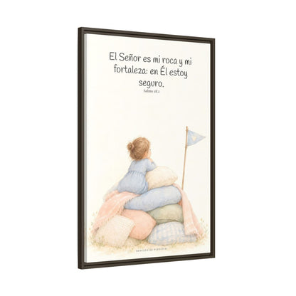 Jehová es mi roca y mi fortaleza — Lienzo Cristiano Enmarcado | Salmo 18:2 — 24×36 pulgadas, marco espresso, vista lateral del marco flotante