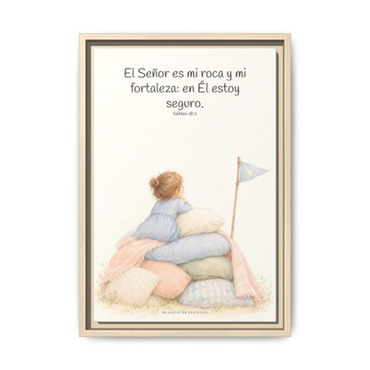 Jehová es mi roca y mi fortaleza — Lienzo Cristiano Enmarcado | Salmo 18:2 — 12×18 pulgadas, marco natural, vista frontal