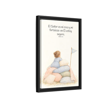 Jehová es mi roca y mi fortaleza — Lienzo Cristiano Enmarcado | Salmo 18:2 — 12×18 pulgadas, marco negro, vista lateral del marco flotante
