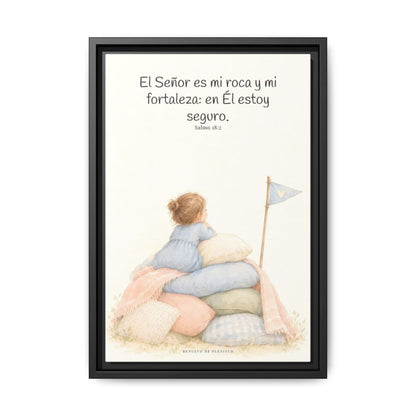 Jehová es mi roca y mi fortaleza — Lienzo Cristiano Enmarcado | Salmo 18:2 — 12×18 pulgadas, marco negro, vista frontal
