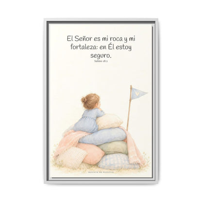 Jehová es mi roca y mi fortaleza — Lienzo Cristiano Enmarcado | Salmo 18:2 — 16×24 pulgadas, marco blanco, vista frontal