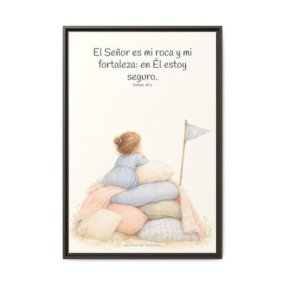 Jehová es mi roca y mi fortaleza — Lienzo Cristiano Enmarcado | Salmo 18:2 — 24×36 pulgadas, marco espresso, vista frontal