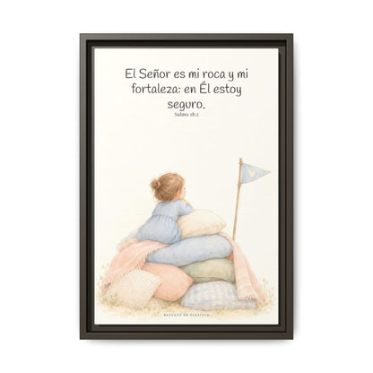 Jehová es mi roca y mi fortaleza — Lienzo Cristiano Enmarcado | Salmo 18:2 — 12×18 pulgadas, marco espresso, vista frontal