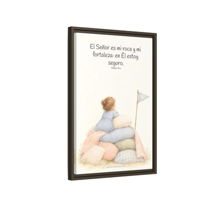Jehová es mi roca y mi fortaleza — Lienzo Cristiano Enmarcado | Salmo 18:2 — 16×24 pulgadas, marco espresso, vista lateral del marco flotante