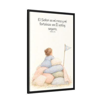 Jehová es mi roca y mi fortaleza — Lienzo Cristiano Enmarcado | Salmo 18:2 — 24×36 pulgadas, marco negro, vista lateral del marco flotante