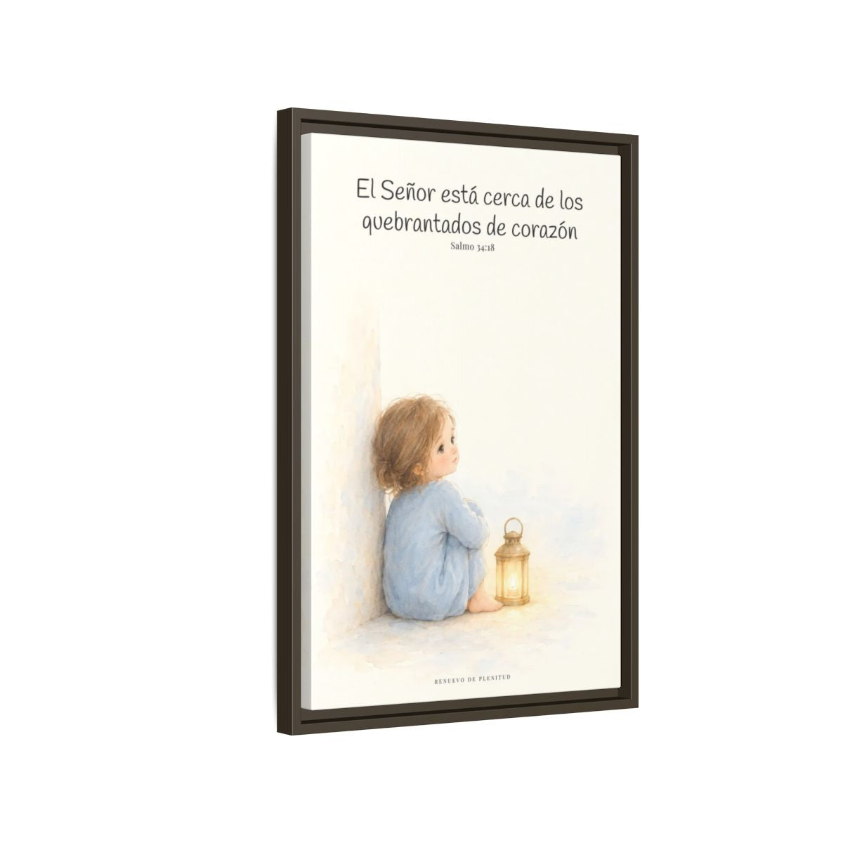 Jehová está cerca de los quebrantados de corazón — Lienzo Cristiano Enmarcado | Salmo 34:18 — 16×24 pulgadas, marco espresso, vista lateral del marco flotante