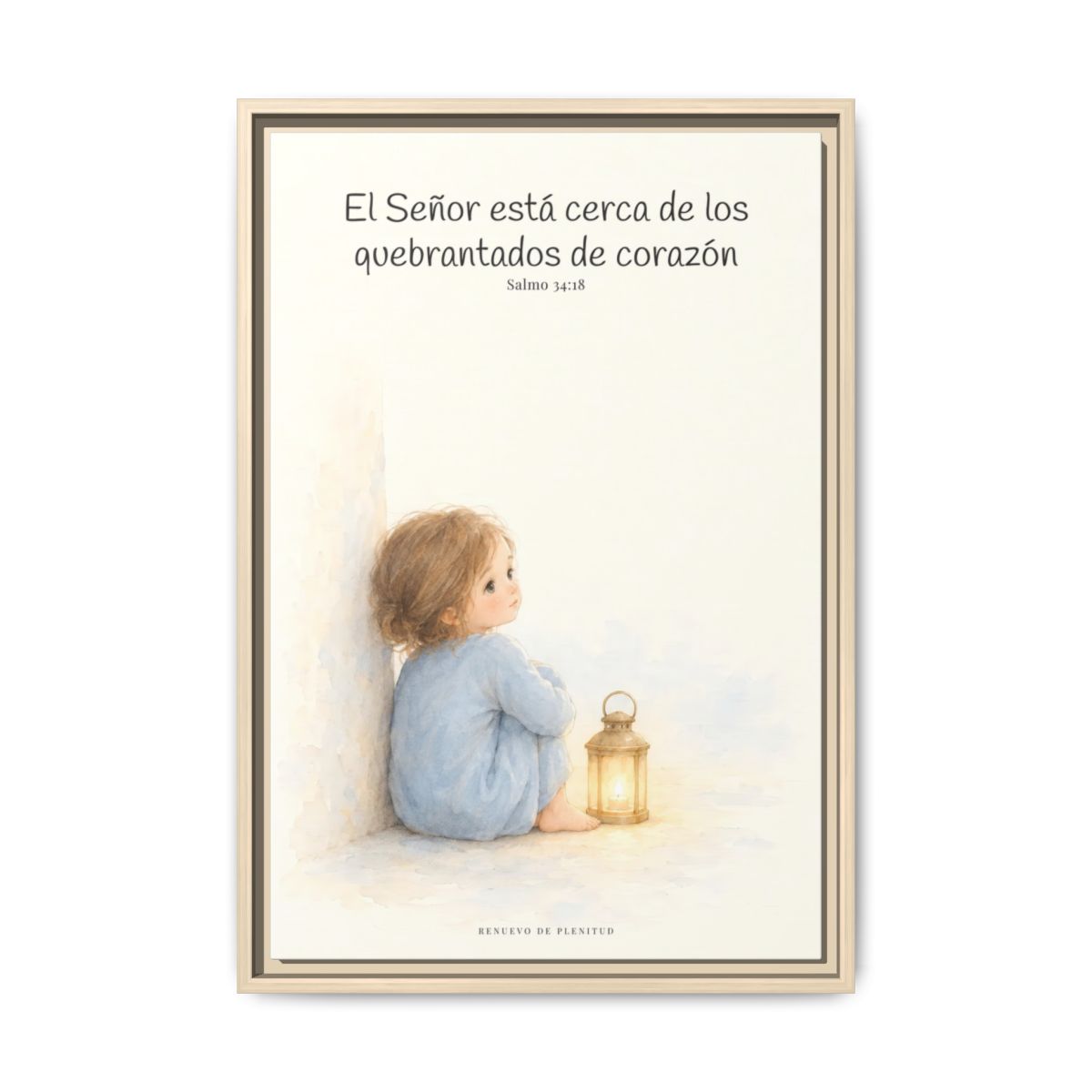 Jehová está cerca de los quebrantados de corazón — Lienzo Cristiano Enmarcado | Salmo 34:18 — 16×24 pulgadas, marco natural, vista frontal