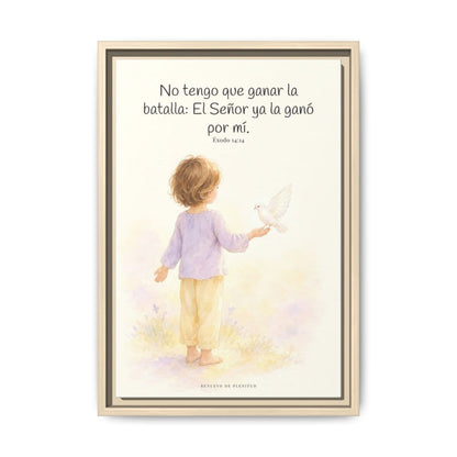 Jehová me da la victoria sin que yo luche — Lienzo Cristiano Enmarcado | Éxodo 14:14 — 12×18 pulgadas, marco natural, vista frontal