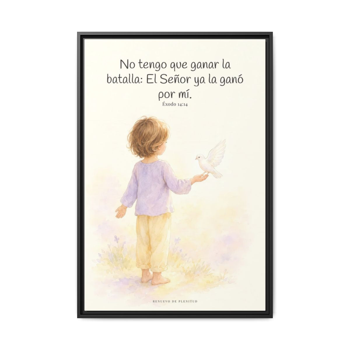 Jehová me da la victoria sin que yo luche — Lienzo Cristiano Enmarcado | Éxodo 14:14 — 24×36 pulgadas, marco negro, vista frontal