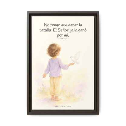 Jehová me da la victoria sin que yo luche — Lienzo Cristiano Enmarcado | Éxodo 14:14 — 12×18 pulgadas, marco espresso, vista frontal