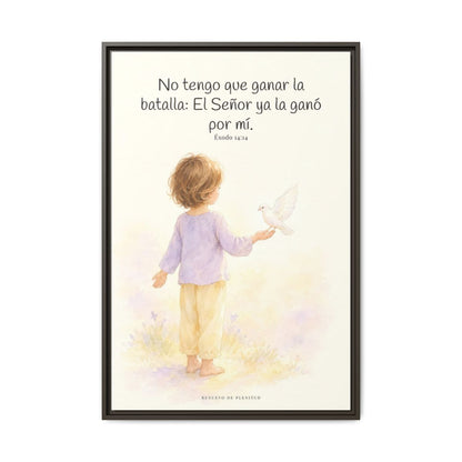 Jehová me da la victoria sin que yo luche — Lienzo Cristiano Enmarcado | Éxodo 14:14 — 24×36 pulgadas, marco espresso, vista frontal