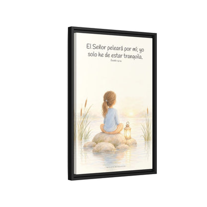 Jehová peleará por mí — Lienzo Cristiano Enmarcado | Éxodo 14:14 — 16×24 pulgadas, marco negro, vista lateral del marco flotante