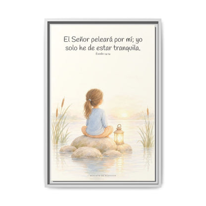 Jehová peleará por mí — Lienzo Cristiano Enmarcado | Éxodo 14:14 — 16×24 pulgadas, marco blanco, vista frontal