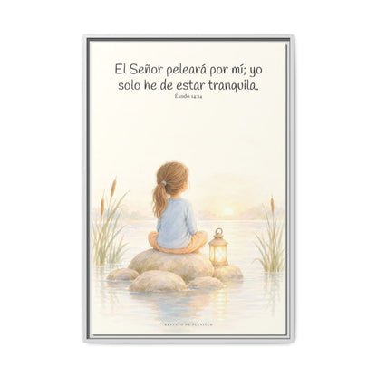 Jehová peleará por mí — Lienzo Cristiano Enmarcado | Éxodo 14:14 — 24×36 pulgadas, marco blanco, vista frontal