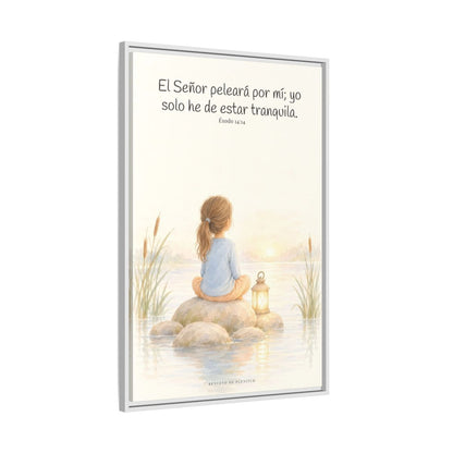 Jehová peleará por mí — Lienzo Cristiano Enmarcado | Éxodo 14:14 — 24×36 pulgadas, marco blanco, vista lateral del marco flotante
