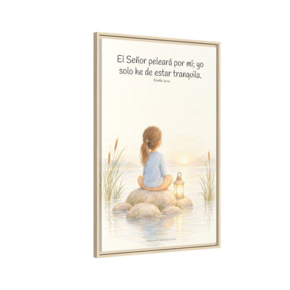 Jehová peleará por mí — Lienzo Cristiano Enmarcado | Éxodo 14:14 — 24×36 pulgadas, marco natural, vista lateral del marco flotante