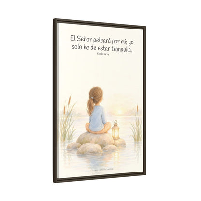 Jehová peleará por mí — Lienzo Cristiano Enmarcado | Éxodo 14:14 — 24×36 pulgadas, marco espresso, vista lateral del marco flotante